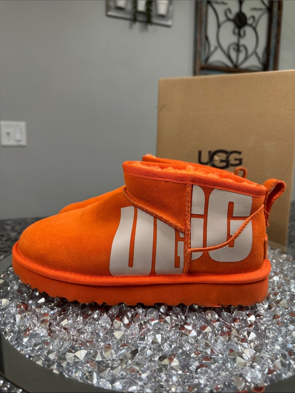 UGG ultra mini Orange Suede Mini Booties with White Logo EUC 6